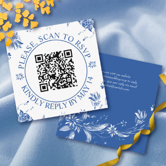 QR code RSVP, blue flowers floral wedding Enclosure Card