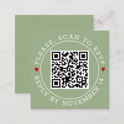 QR code RSVP border and hearts sage green wedding Enclosure Card
