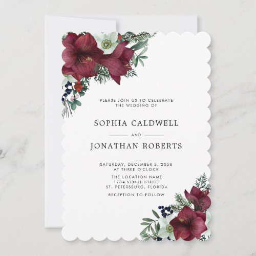 QR Code RSVP Burgundy Floral Winter Wedding  Invitation