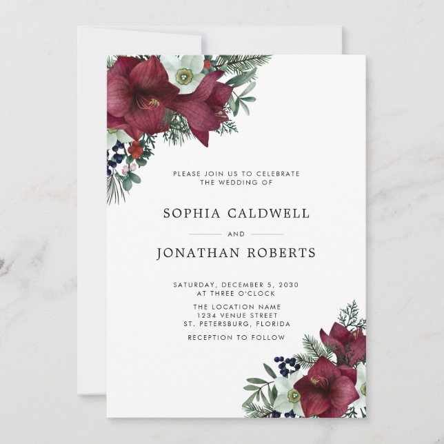 QR Code RSVP Burgundy Floral Winter Wedding  Invitation (Front)