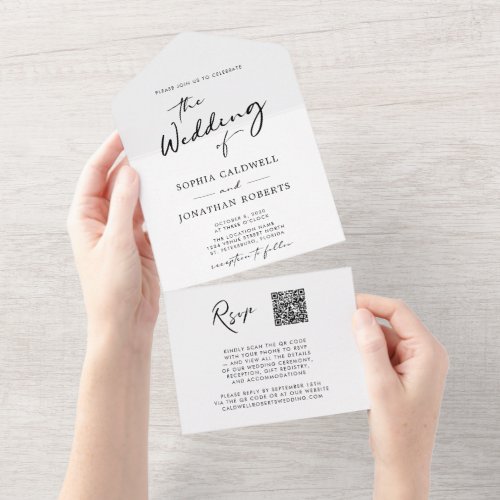 QR Code RSVP Calligraphy Black and White Wedding All In One Invitation