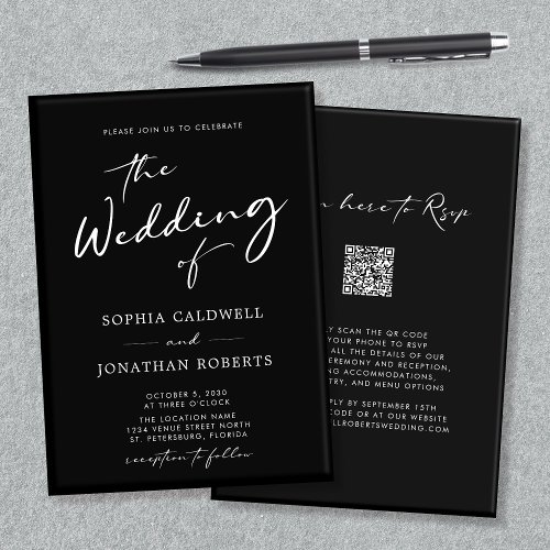 QR Code RSVP Calligraphy Black and White Wedding I Invitation