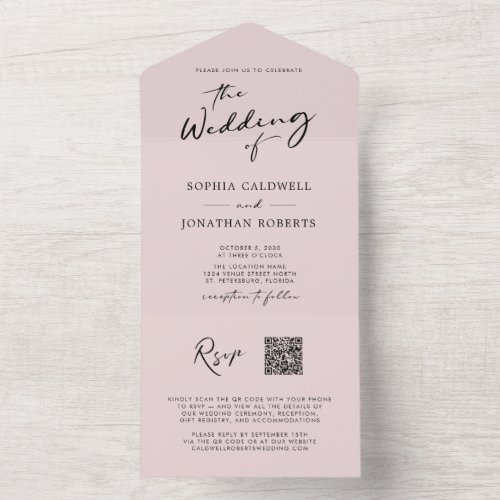 QR Code RSVP Calligraphy Chic Blush Pink Wedding All In One Invitation