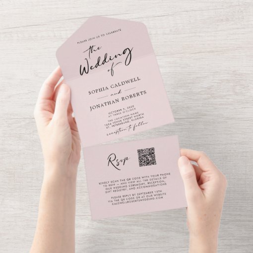 QR Code RSVP Calligraphy Chic Blush Pink Wedding All In One Invitation ...