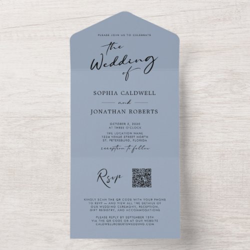 QR Code RSVP Calligraphy Chic Dusty Blue Wedding All In One Invitation