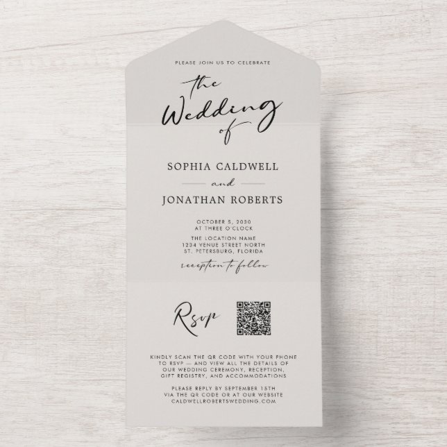QR Code RSVP Calligraphy Elegant Eggshell Wedding All In One Invitation (Inside)