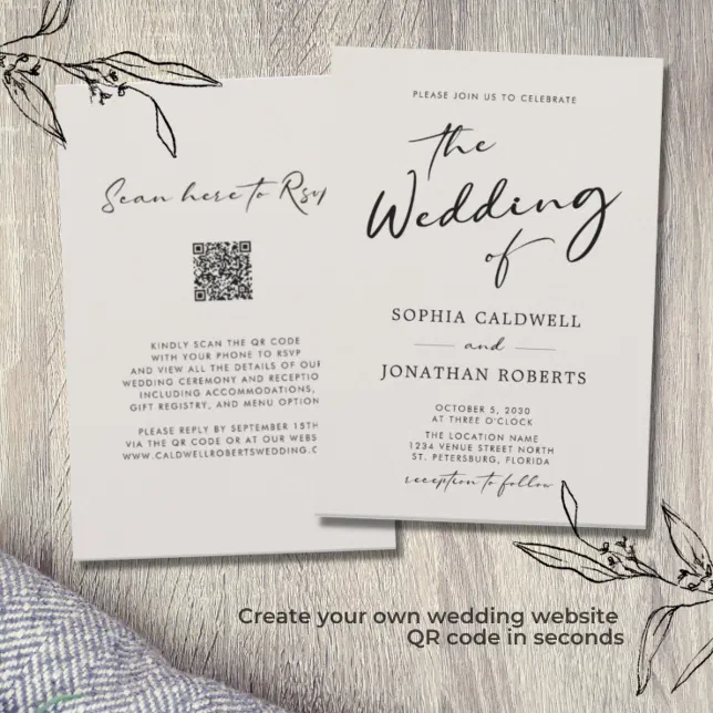 Qr Code Rsvp Calligraphy Elegant Eggshell Wedding Invitation Zazzle