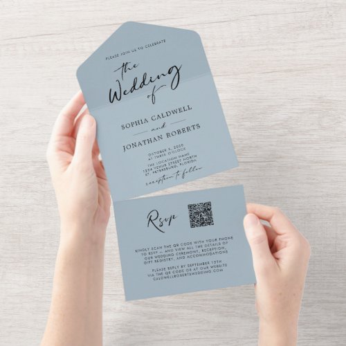 QR Code RSVP Calligraphy Light Dusty Blue Wedding All In One Invitation