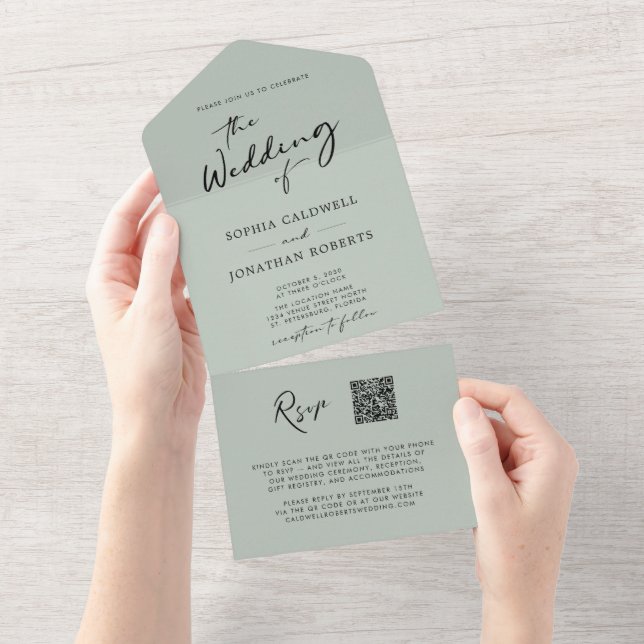 QR Code RSVP Calligraphy Sage Green Wedding All In One Invitation (Tearaway)