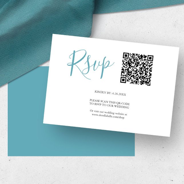 QR code RSVP Cards Turquoise Blue (rsvp card examples QR code turquoise blue by Victoria Grigaliunas of Do Tell A Belle)