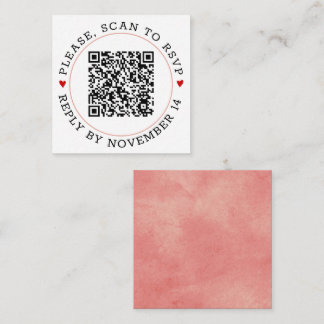 QR code RSVP coral pink border and hearts wedding Enclosure Card