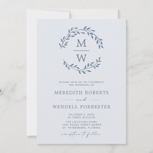 QR Code RSVP Dusty Blue Monogram Wreath Wedding In Invitation
