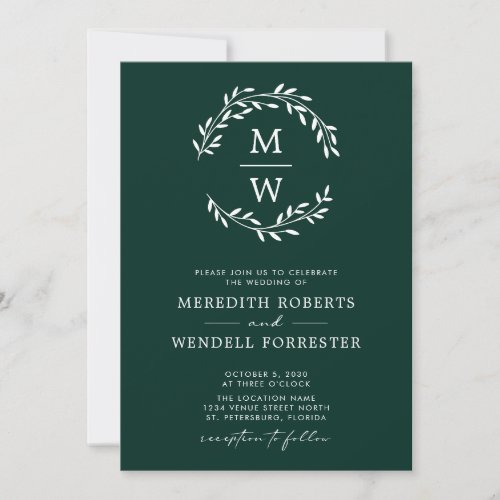 QR Code RSVP Emerald Green Monogram Wreath Wedding Invitation