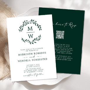 QR Code RSVP Emerald Green Monogram Wreath Wedding Invitation