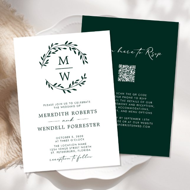QR Code RSVP Emerald Green Monogram Wreath Wedding Invitation (Monogram Wreath Wedding Invitation QR Code RSVP in White and Emerald Green)