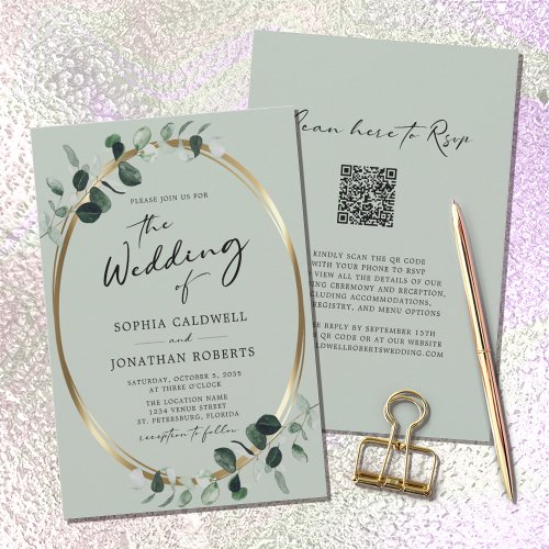 QR Code RSVP Eucalyptus Calligraphy Sage Wedding Invitation