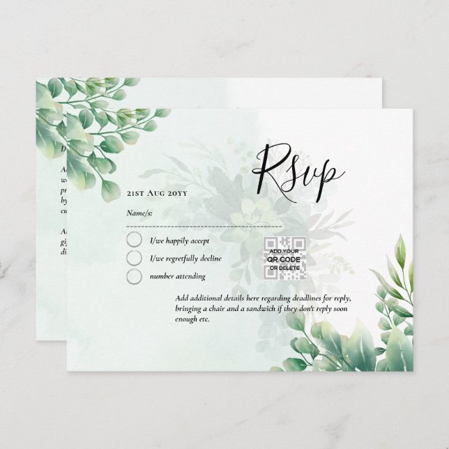 QR CODE RSVP Eucalyptus Leaves Greenery Wedding Po Postcard (Front/Back)