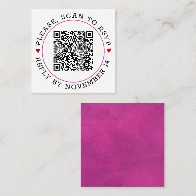 QR code RSVP fuchsia pink border, hearts wedding Enclosure Card (Front/Back)