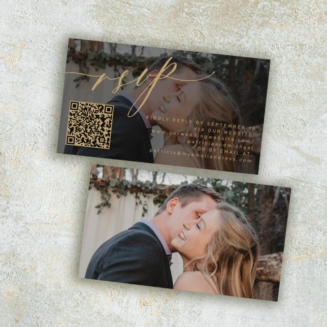 QR code RSVP gold script photo wedding website Enclosure Card (Creator Uploaded)