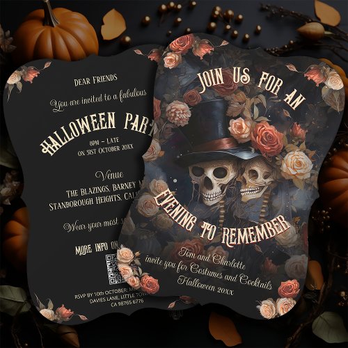 QR Code RSVP Gothic Kissing Skeletons Halloween In Invitation