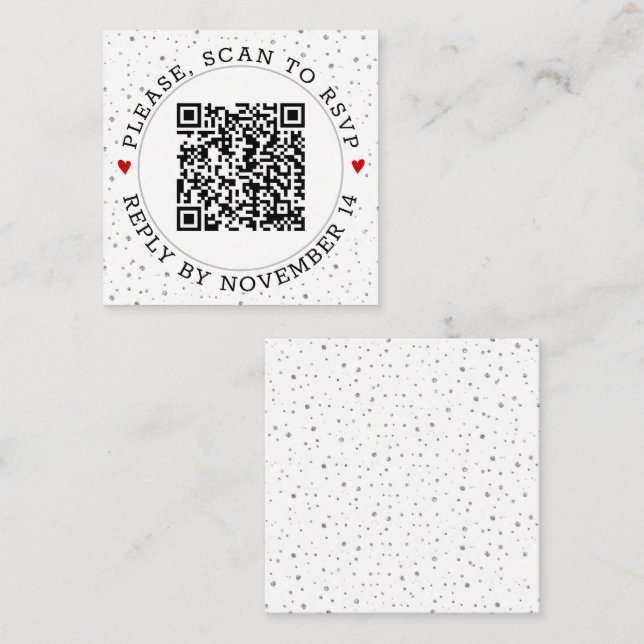 QR code RSVP gray border and silver confetti Enclosure Card (Front/Back)