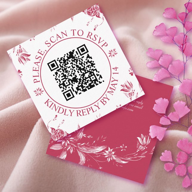 QR code RSVP, magenta flowers floral wedding Enclosure Card (Creator Uploaded)