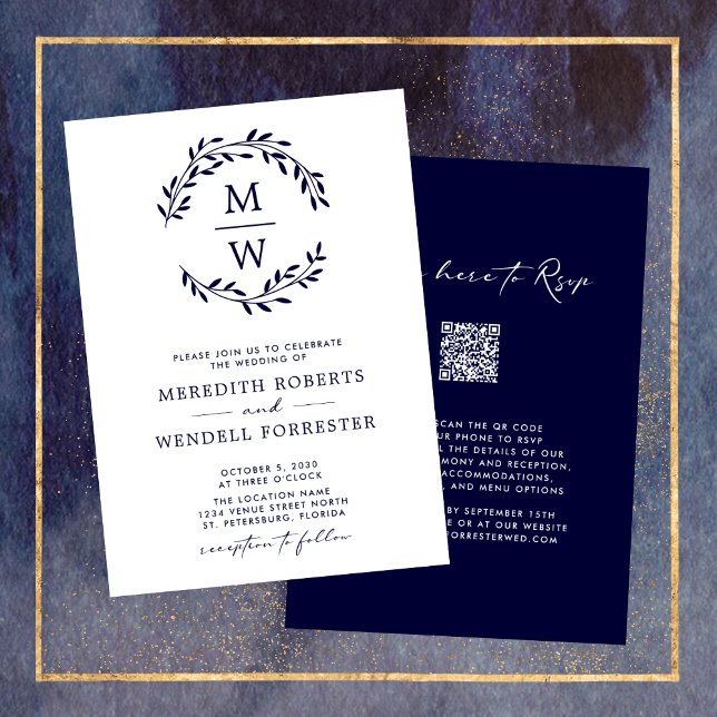 QR Code RSVP Navy Blue Monogram Wreath Wedding Invitation (Navy Blue Monogram Wreath QR Code RSVP Double Sided Wedding Invitation)