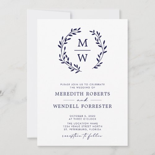 QR Code RSVP Navy Blue Monogram Wreath Wedding Invitation