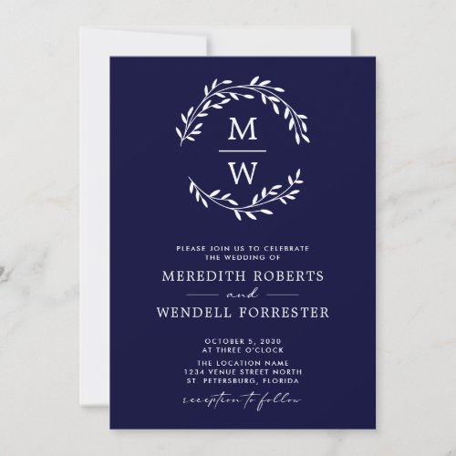 QR Code RSVP Navy Blue Monogram Wreath Wedding Invitation