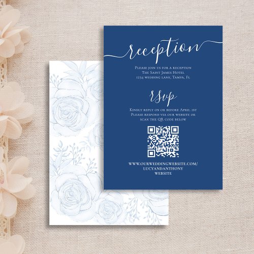 QR Code RSVP Online Blue Floral Reception Details Enclosure Card