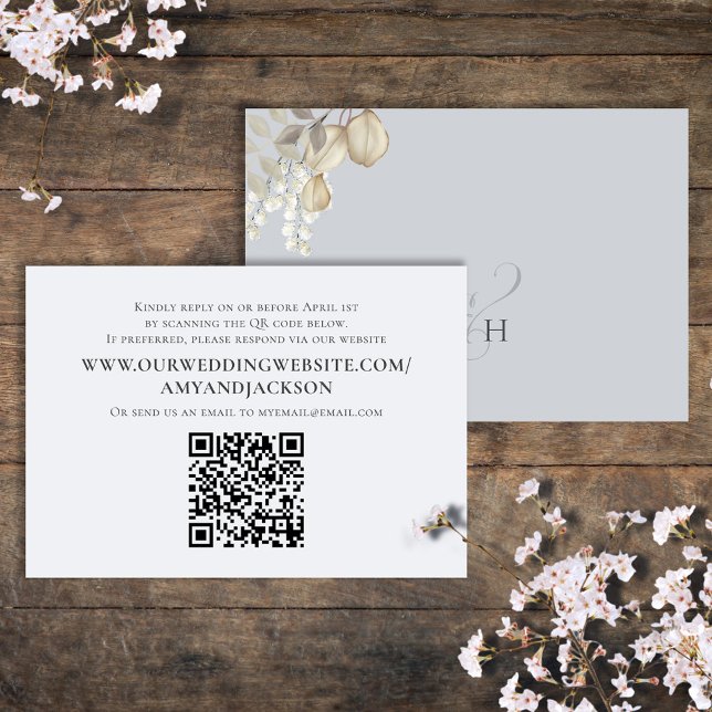 QR Code RSVP Online Light Blue Gold Eucalyptus Enclosure Card (Light blue enclosure card with simple  typography and QR Code)