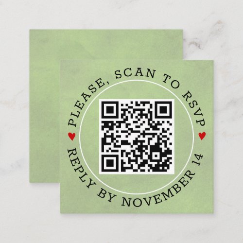 QR code RSVP stained sage green and hearts wedding Enclosure Card