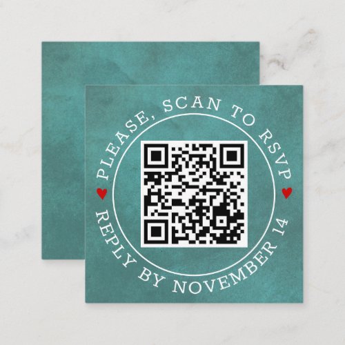QR code RSVP stained teal blue and hearts wedding Enclosure Card