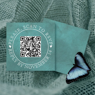QR code RSVP stained teal blue wedding Enclosure Card