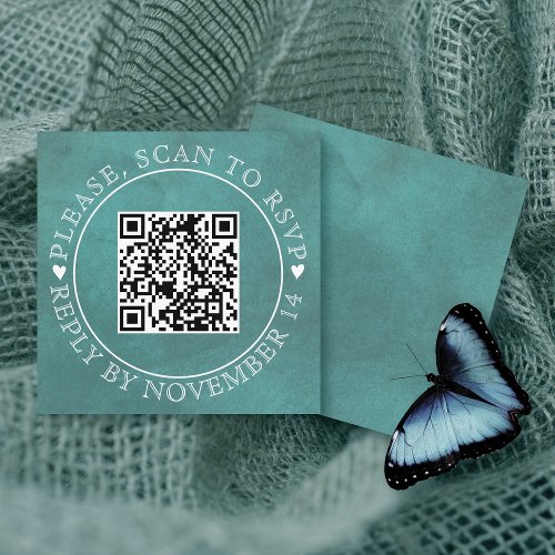 QR code RSVP stained teal blue wedding Enclosure Card