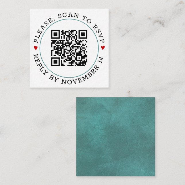 QR code RSVP teal blue border and hearts wedding Enclosure Card (Front/Back)