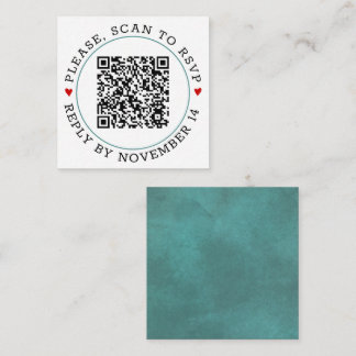 QR code RSVP teal blue border and hearts wedding Enclosure Card