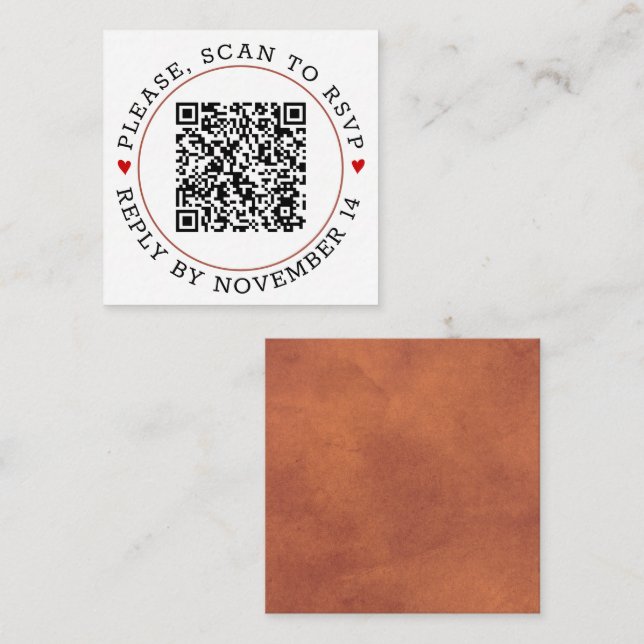 QR code RSVP terracotta border and hearts wedding Enclosure Card (Front/Back)