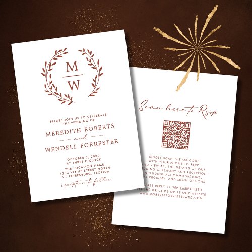 QR Code RSVP Terracotta Monogram Wreath Wedding Invitation