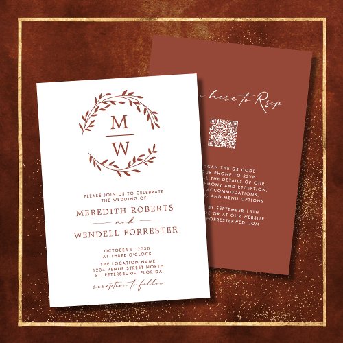 QR Code RSVP Terracotta Monogram Wreath Wedding Invitation