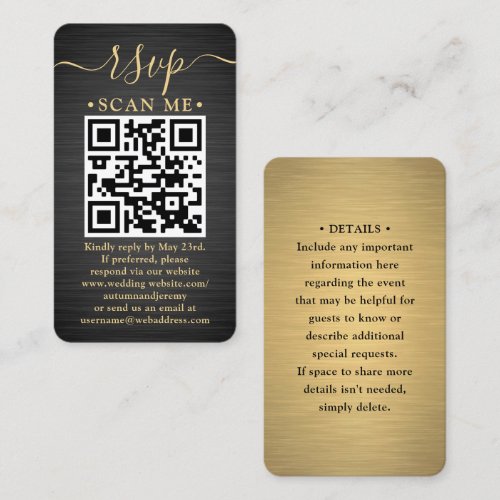 QR Code RSVP Wedding Details Black Gold Enclosure Business Card