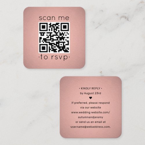 QR Code RSVP Wedding Details Rose Gold Enclosure Square Business Card
