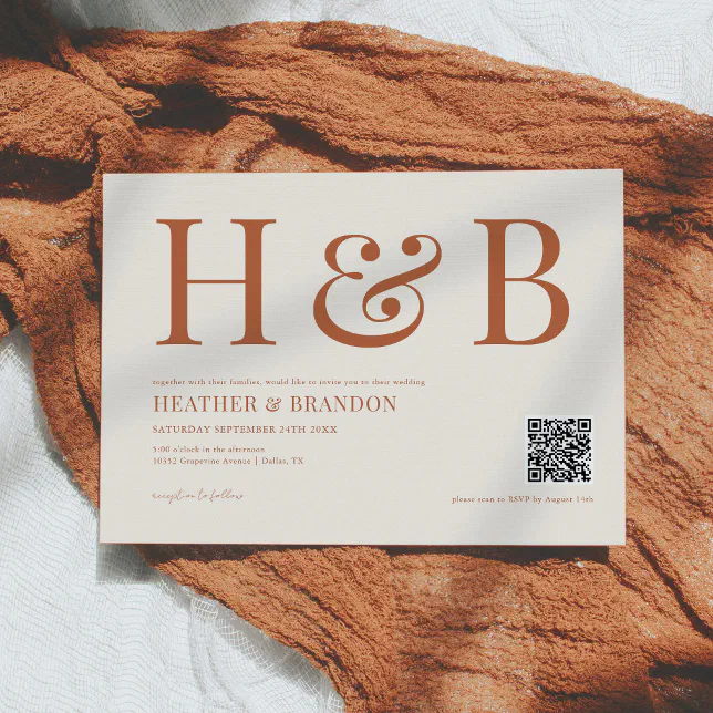 QR Code Rust Monogram Wedding Invitation | Zazzle