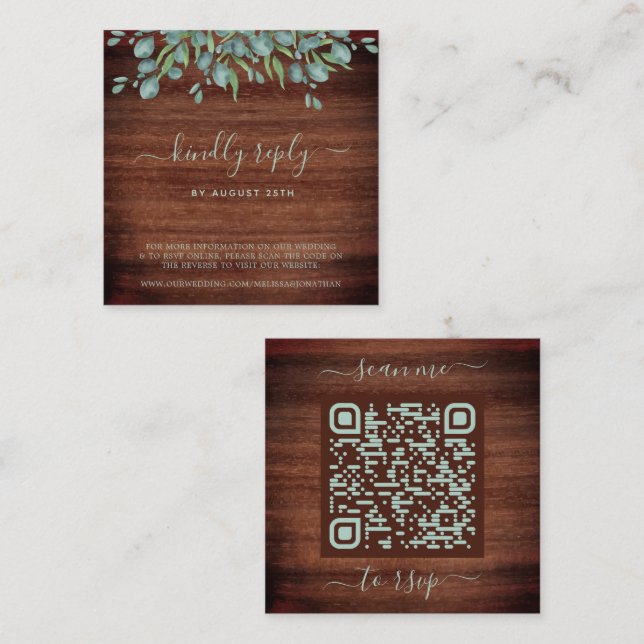 QR Code Rustic Botanical Eucalyptus Wedding RSVP Enclosure Card (Front/Back)