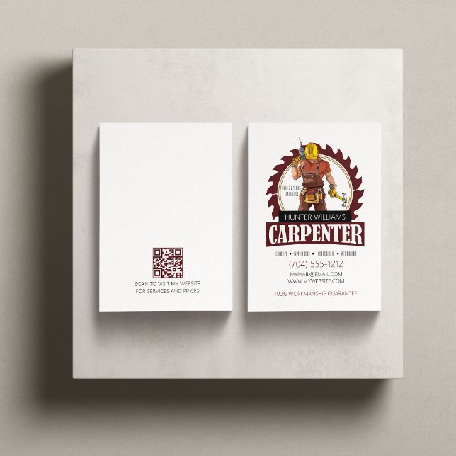 QR Code Rustic Carpenter Tools Woodworker Vertical Business Card (Creator Uploaded)