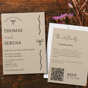 QR Code Rustic Kraft (editable) Budget Bow Wedding Invitation