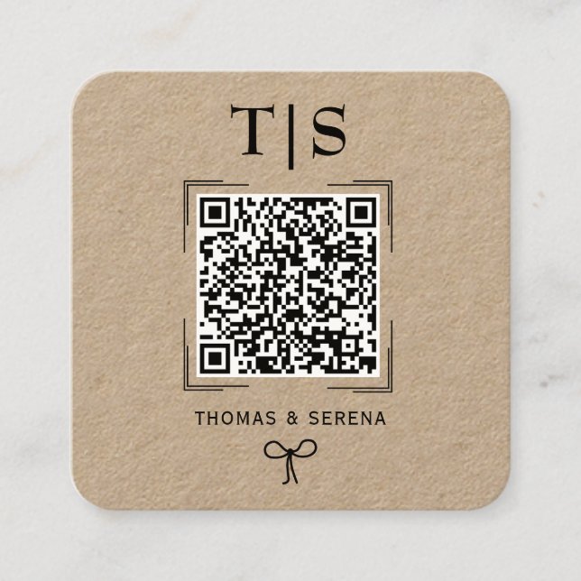 QR Code Rustic Kraft (editable) Budget Wedding  Square Business Card (Front)