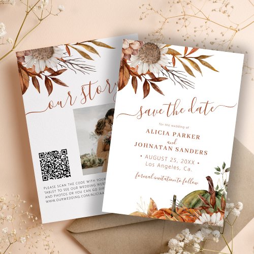 QR code rustic modern terracotta floral wedding Save The Date