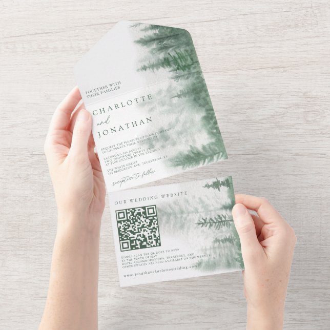 QR Code Rustic Mountain Forest Watercolor Wedding All In One Invitation (Tearaway)