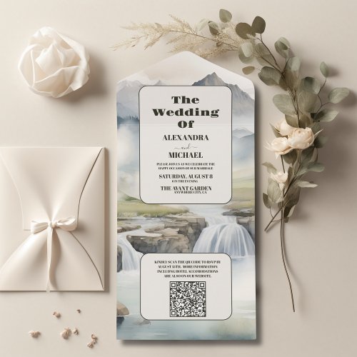 QR Code Rustic Mountain Waterfall Boho Wedding All In One Invitation